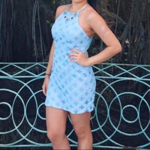 Light blue halter open back mini dress